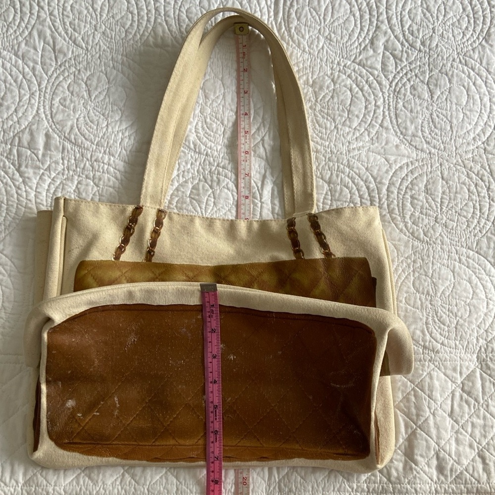 Thursday Friday Canvas Coated Quilt Print Tote Bag Cream Tan Gold - Picture 14 of 16